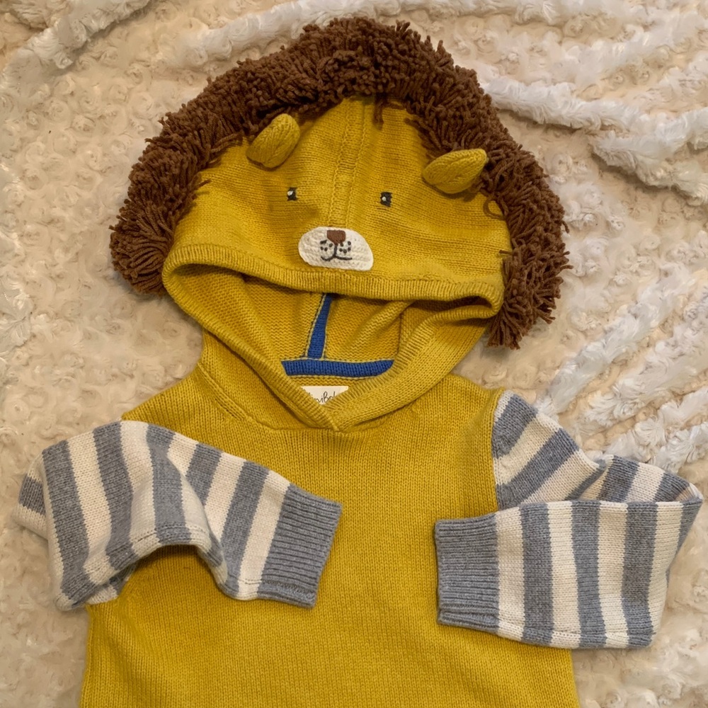 Mini Boden Yellow Knit Lion Hood Sweater, 4-5Y